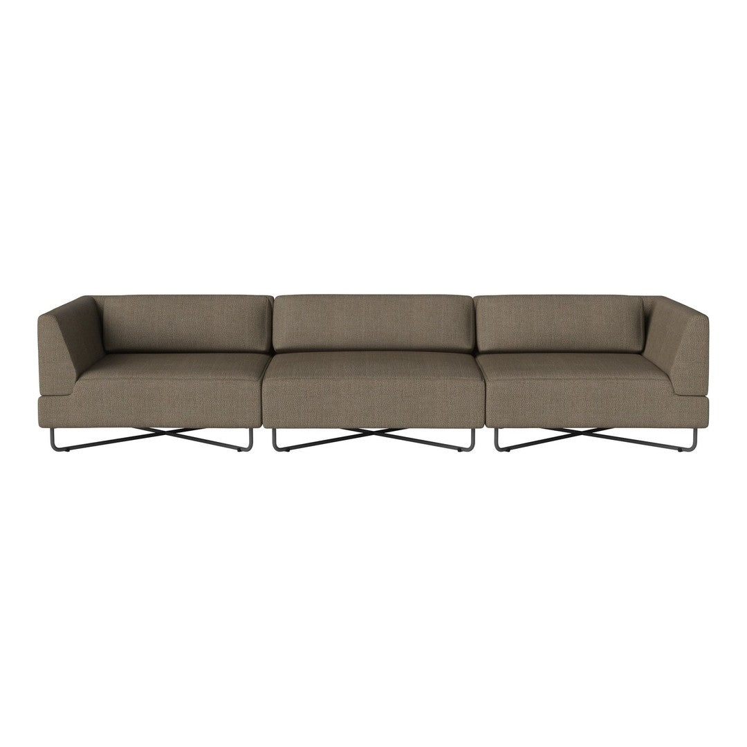Modern three-seat sofa in earthy brown fabric with sleek metal legs and minimalist design. Ideal for stylish living spaces.