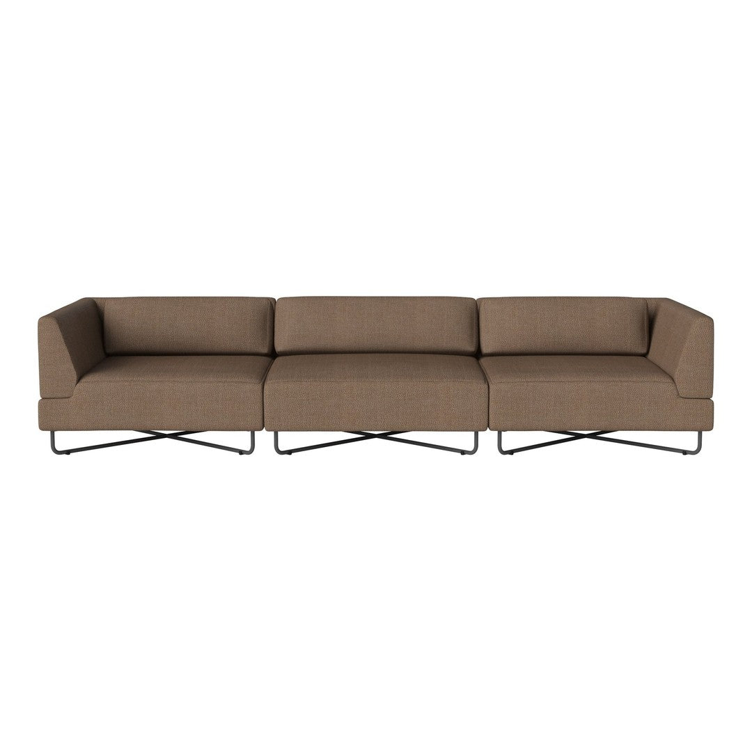 Brown fabric three-seat sofa with modern metal legs and a sleek, minimalist design. Ideal for contemporary living spaces.