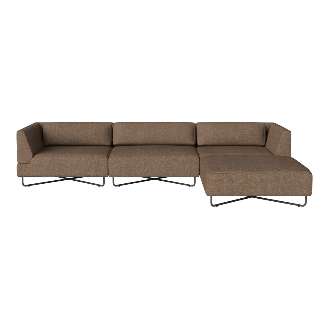 Brown sectional sofa with a smooth, solid pattern and modern black metal legs. Perfect for contemporary living spaces.