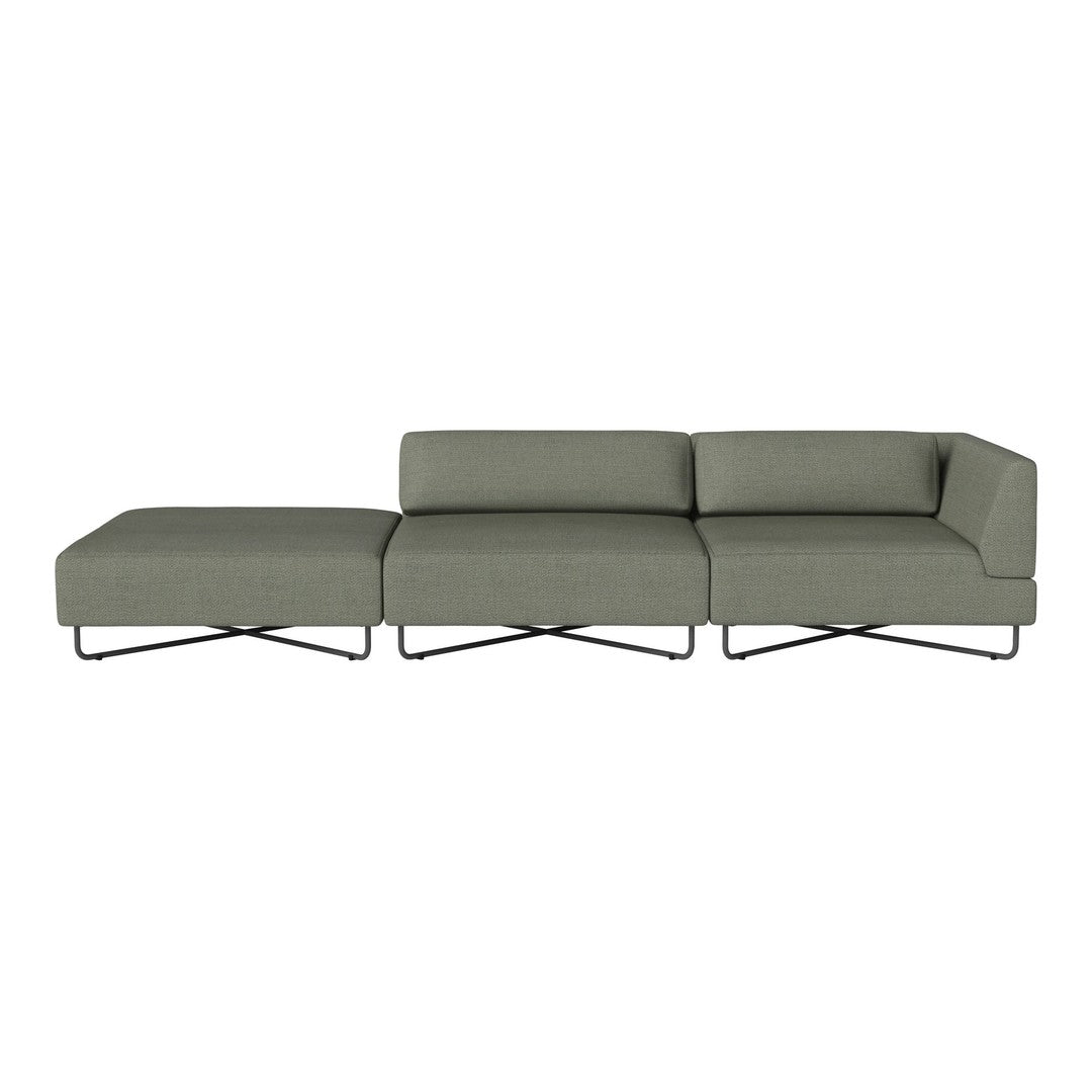 Modern sectional sofa in muted olive green fabric with sleek metallic legs and clean lines. Minimalist design.