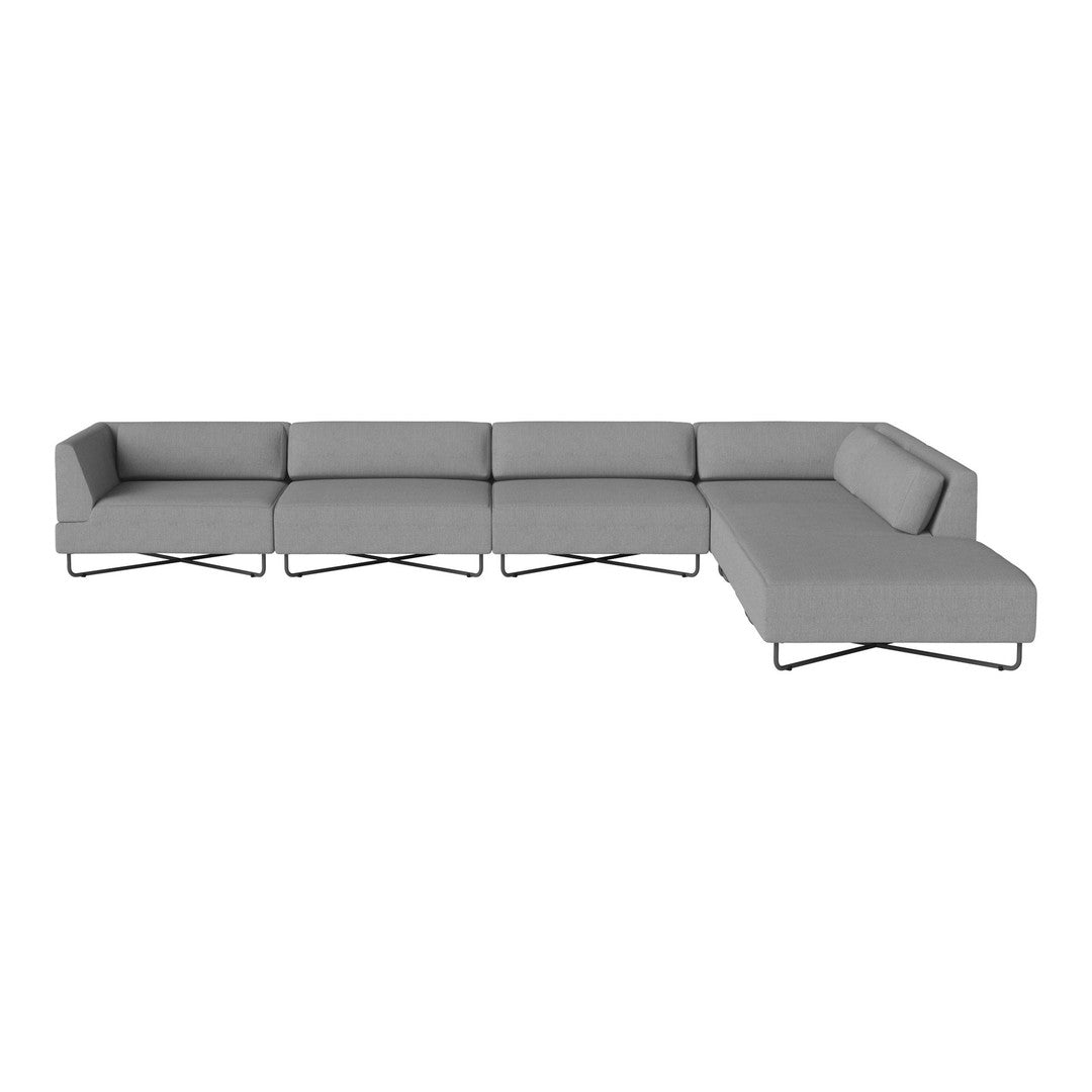 Modern grey sectional sofa with clean lines and a minimalist design, featuring a sleek metal base.