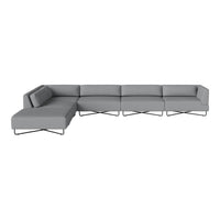 Gray sectional sofa with sleek lines and minimalistic design, featuring solid color fabric and a modern frame.