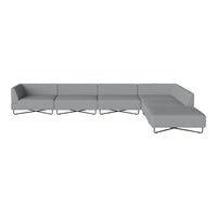 Gray sectional sofa with a modern design, featuring smooth fabric and sleek metal legs. Ideal for contemporary living spaces.