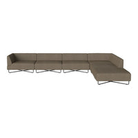 Modern sectional sofa in taupe fabric with sleek metal legs, featuring a minimalist design and subtle texture.