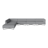 Modern gray sectional sofa with a minimalist design and clean lines, featuring a sleek metal base.