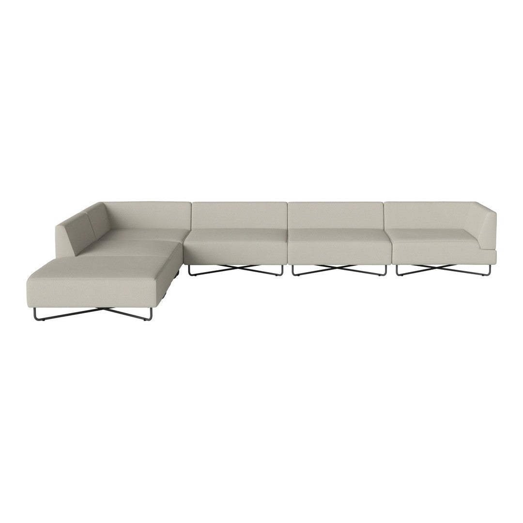 Beige sectional sofa with a modern design and clean lines, featuring a smooth fabric texture and sleek metal legs.
