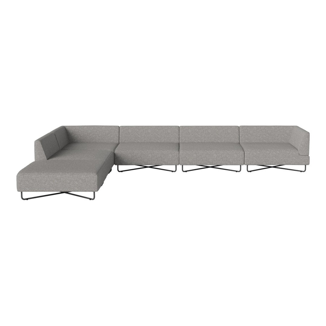 Modern gray sectional sofa with sleek lines and minimalist design, featuring a solid light gray fabric and metal base.