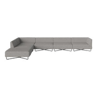 Modern gray sectional sofa with sleek lines and minimalist design, featuring a solid light gray fabric and metal base.