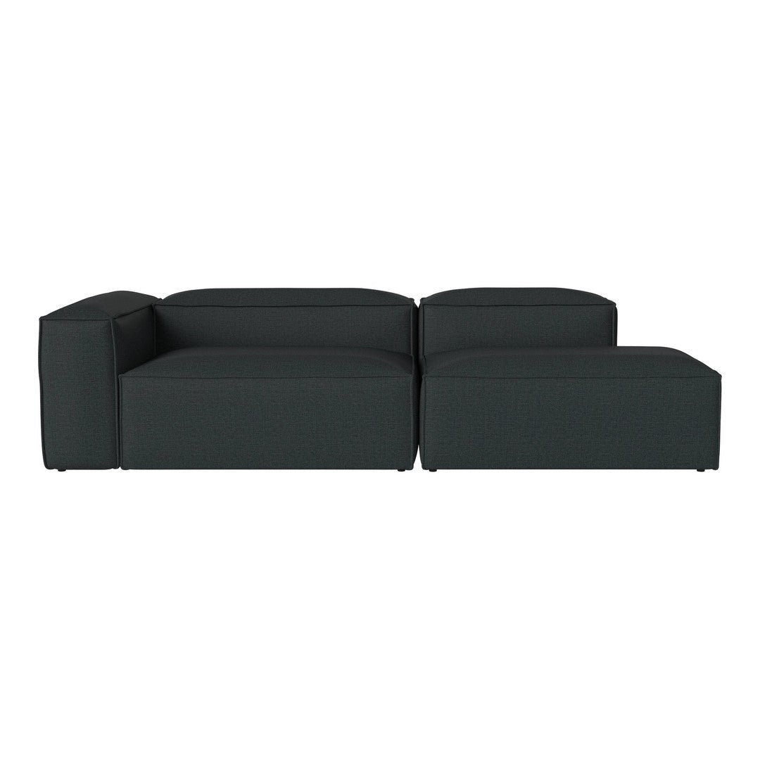 Modern dark gray sectional sofa with a minimalist design and clean lines, perfect for contemporary spaces.