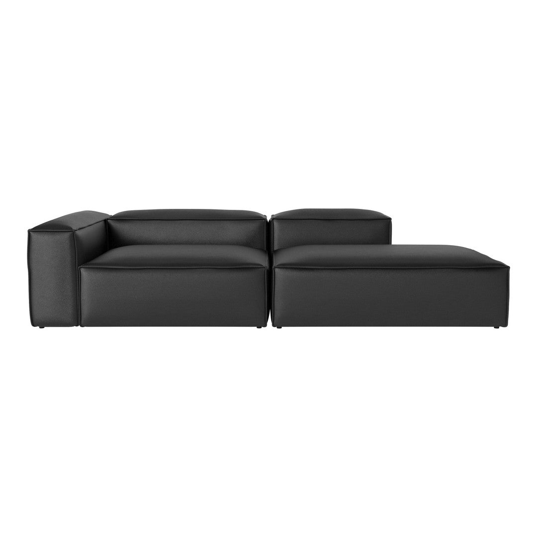 Modern black sectional sofa with smooth leather texture and minimalist design, perfect for contemporary living spaces.