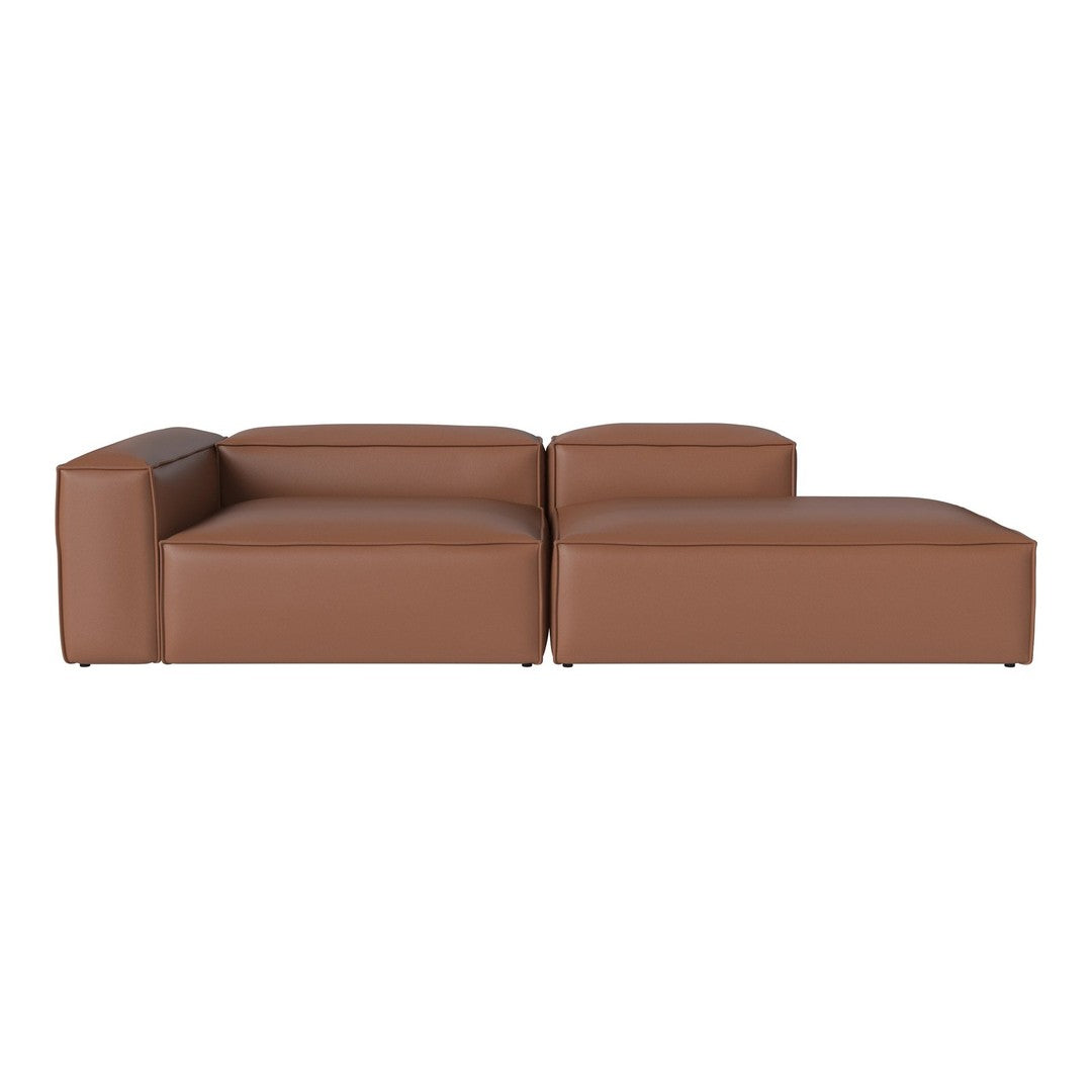 Brown leather sectional sofa with a sleek, modern design and smooth, minimalistic upholstery.