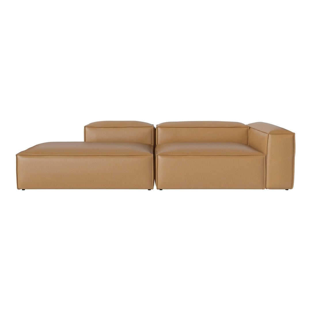 Tan leather sectional sofa with sleek, modern design and smooth, uniform surface. Ideal for contemporary spaces.
