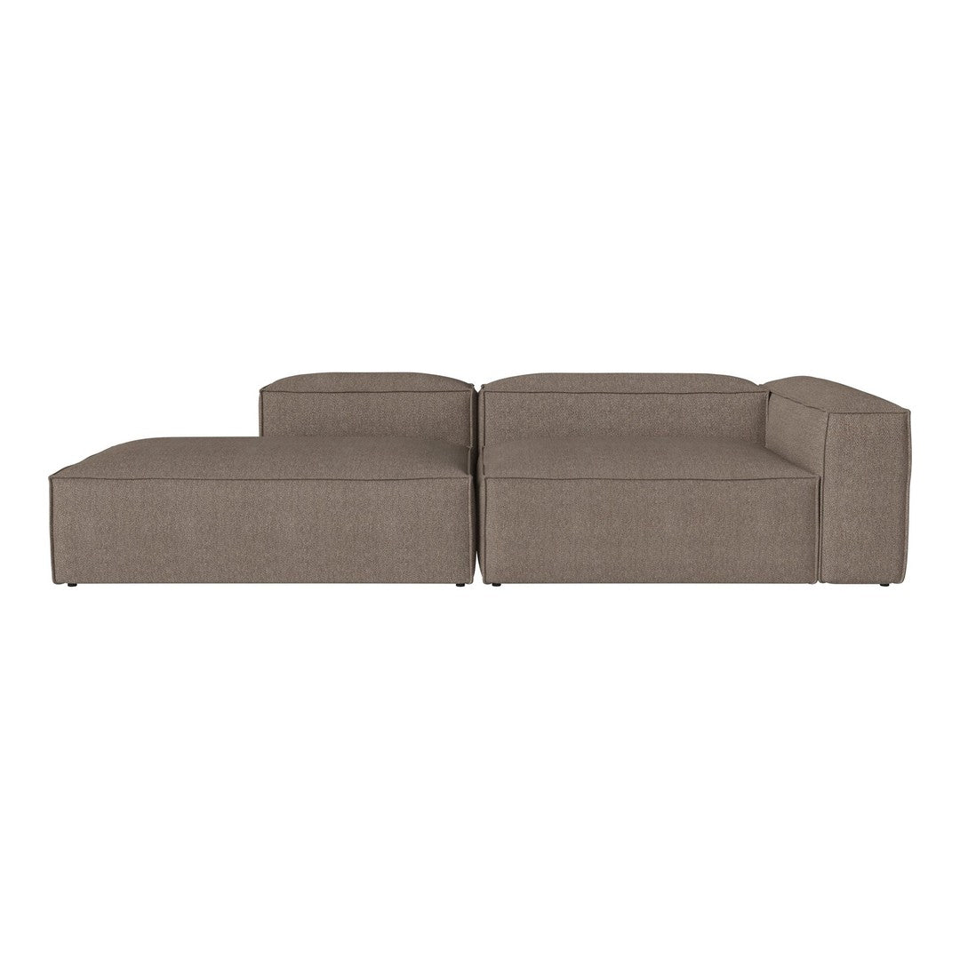 Brown sectional couch with a textured fabric and modern design, featuring clean lines and a minimalist look.