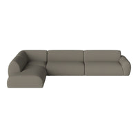 Stylish sectional sofa in a muted taupe fabric with a smooth, modern design and no visible patterns.