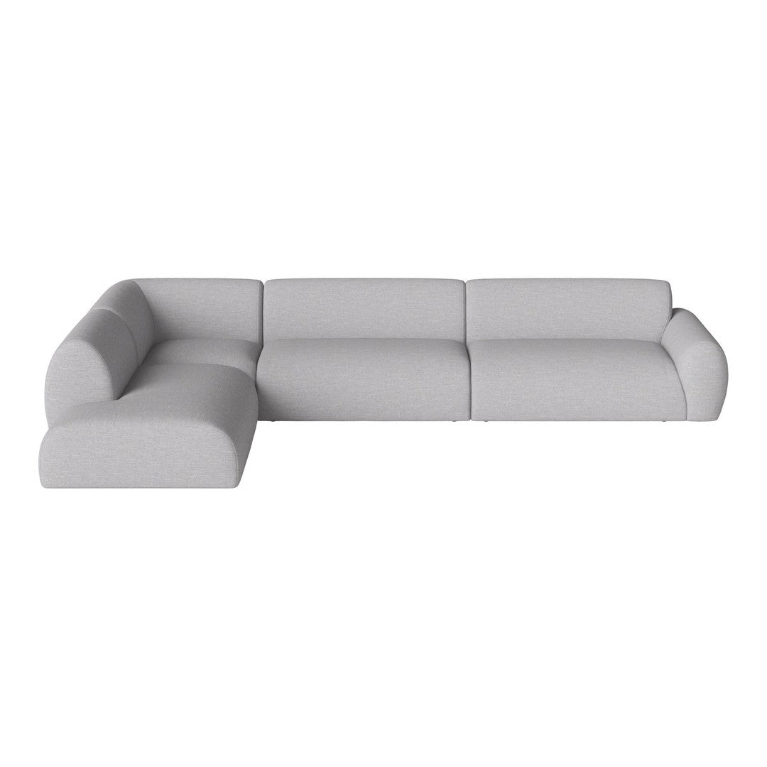 Modern light gray sectional sofa with smooth fabric and minimalist design. Perfect for contemporary living spaces.