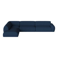 Navy blue sectional sofa with a sleek, minimalistic design and smooth fabric upholstery.