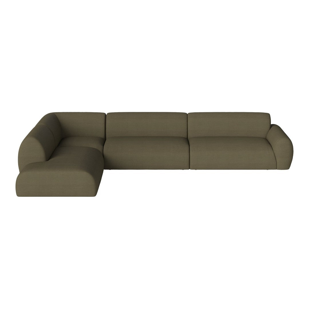 Olive green sectional sofa with a minimalist design and smooth, upholstered fabric. Perfect for modern living spaces.
