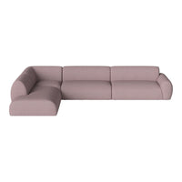 Stylish L-shaped sofa in soft lavender fabric, featuring a smooth, modern design with no visible patterns.