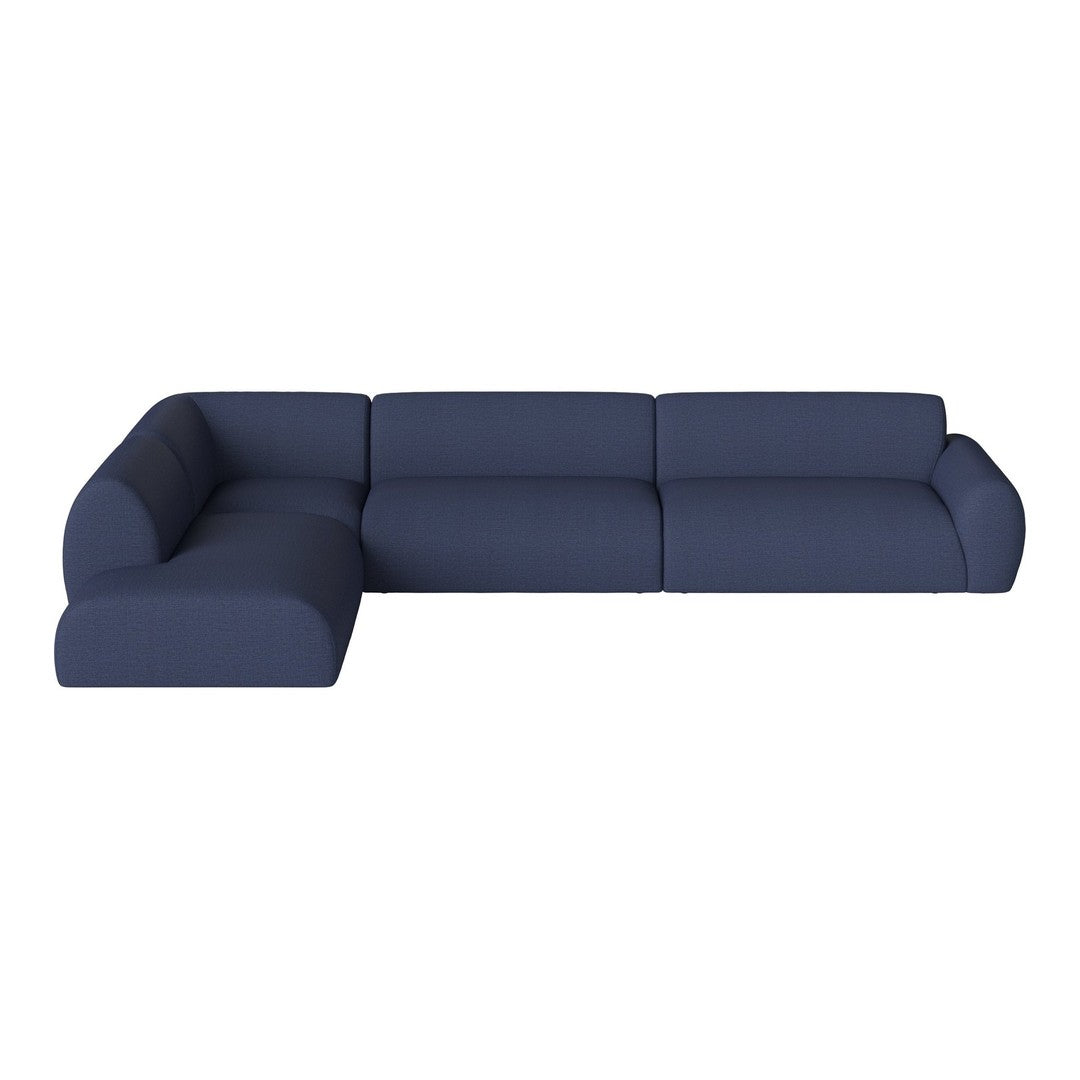 Navy blue sectional sofa with a sleek, modern design and smooth, solid fabric upholstery.