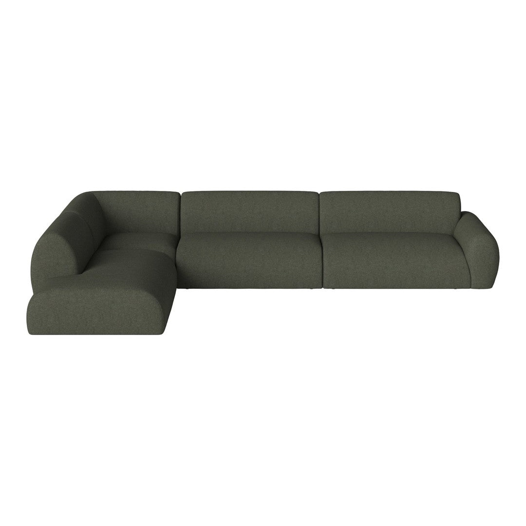 Dark green sectional sofa with a modern, minimalist design and textured fabric upholstery. Perfect for stylish interiors.