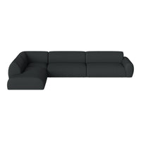 Modern L-shaped sofa in a sleek, solid black fabric with minimalist design and smooth, clean lines.