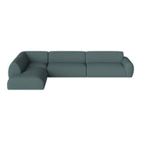 Modern teal sectional sofa with solid color upholstery and a sleek design, perfect for contemporary living spaces.