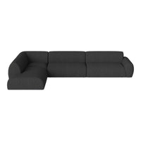Modern L-shaped sofa in textured dark gray fabric, featuring a minimalist design with clean lines.