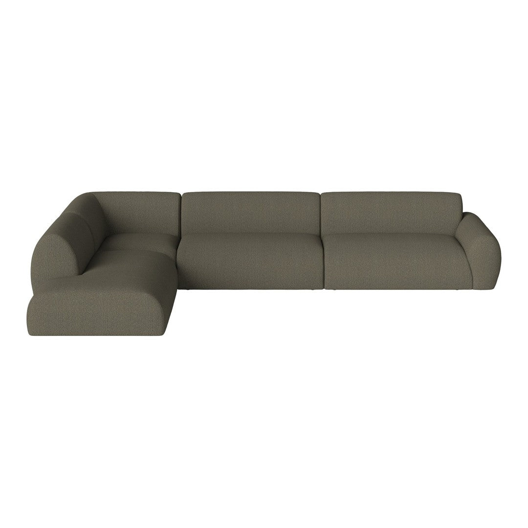 L-shaped sofa in a muted olive green fabric with a smooth, modern finish. Ideal for contemporary living spaces.
