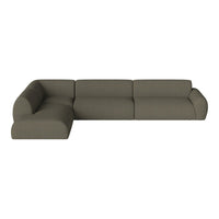 L-shaped sofa in a muted olive green fabric with a smooth, modern finish. Ideal for contemporary living spaces.