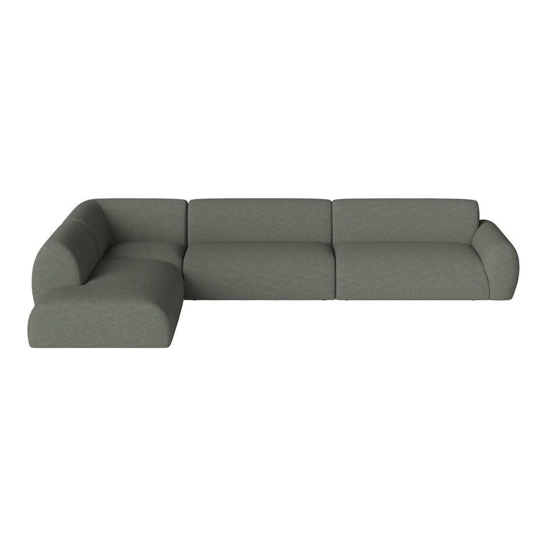 Modern gray sectional sofa with a minimalistic design and smooth, textured fabric. Ideal for contemporary living spaces.