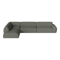 Modern gray sectional sofa with a minimalistic design and smooth, textured fabric. Ideal for contemporary living spaces.