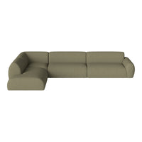 Olive green sectional sofa with clean lines and a modern, minimalist design. No visible patterns or textures.