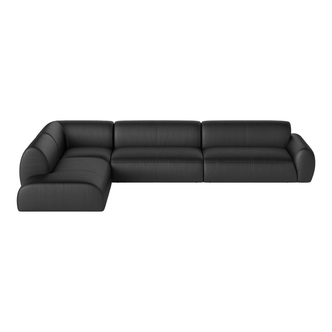 Modern black sectional sofa with smooth, textured surface and minimalist design. Ideal for contemporary living spaces.