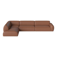 Brown leather sectional sofa with smooth, minimalist design and rounded edges, perfect for modern living spaces.
