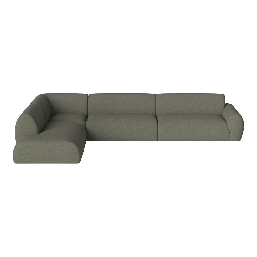 Modern sectional sofa in muted olive green, featuring a sleek, minimalist design with soft, smooth textures.
