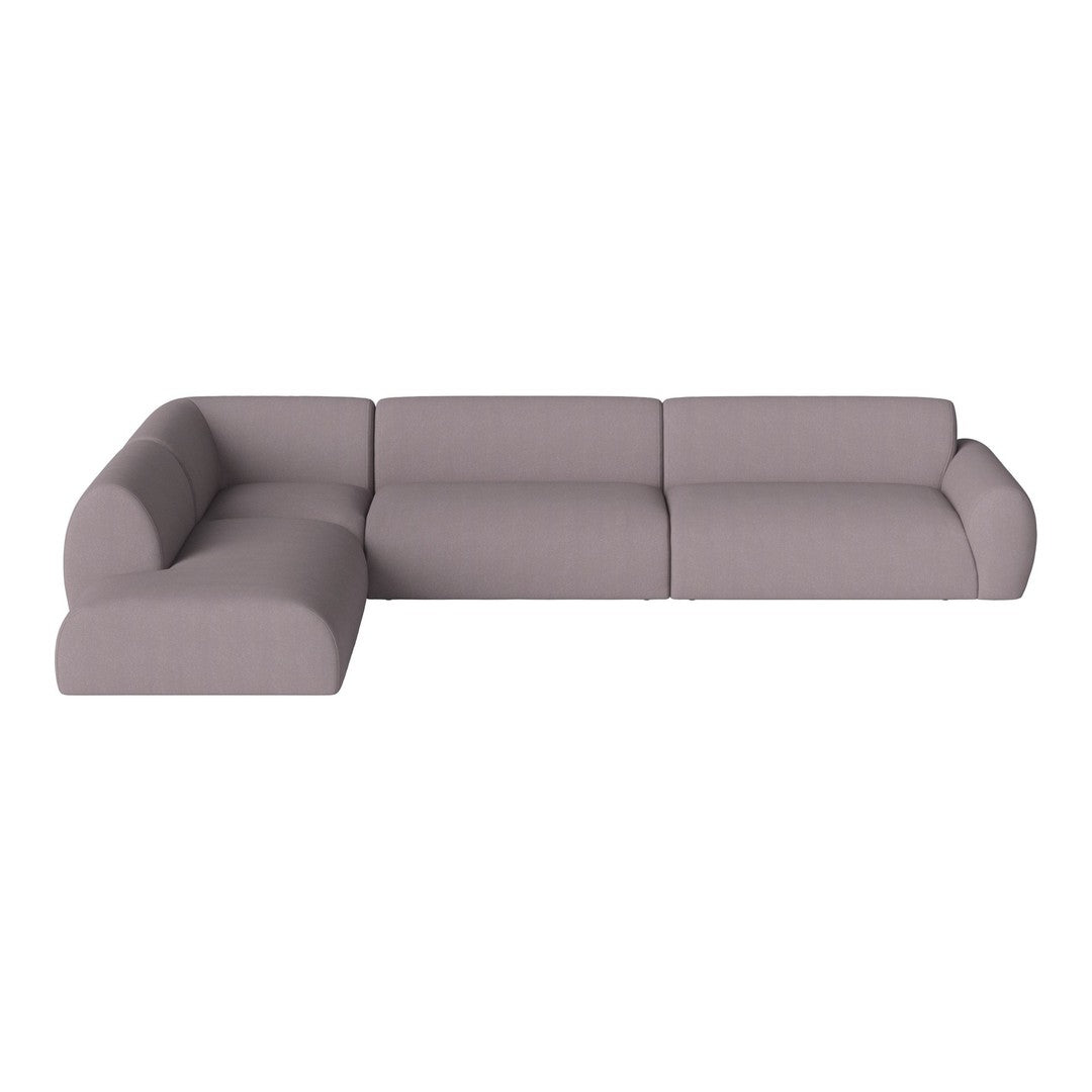 Corner sofa in soft gray upholstery featuring a minimalist design and smooth, clean lines. Ideal for modern interiors.