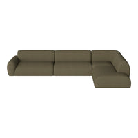 Olive green sectional sofa, featuring a sleek, minimalist design with smooth, modern lines and no visible patterns.