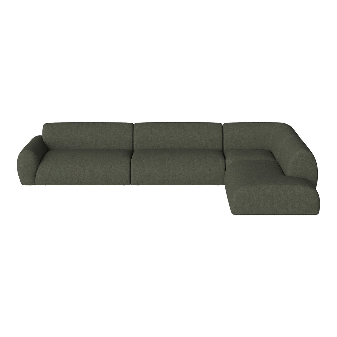 Sleek, modern sectional sofa in deep olive green fabric with smooth, minimalist lines and no distinct patterns.