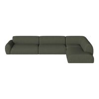 Sleek, modern sectional sofa in deep olive green fabric with smooth, minimalist lines and no distinct patterns.