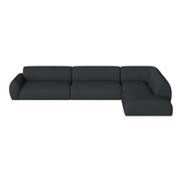 Modern L-shaped sectional sofa in solid black fabric, featuring a sleek, minimalist design with plush cushions.