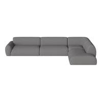 Modern L-shaped couch in soft grey upholstery with smooth, minimalistic design and no patterns. Perfect for any living room.