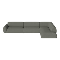 Modern light grey sectional sofa with a sleek, minimalist design and smooth, textured fabric. Ideal for contemporary decor.