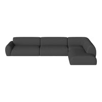 Modern L-shaped sofa in solid charcoal gray fabric, featuring clean lines and a minimalist design. Perfect for contemporary living spaces.