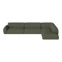 Olive green sectional sofa with a modern, minimalist design and clean lines, perfect for contemporary living spaces.