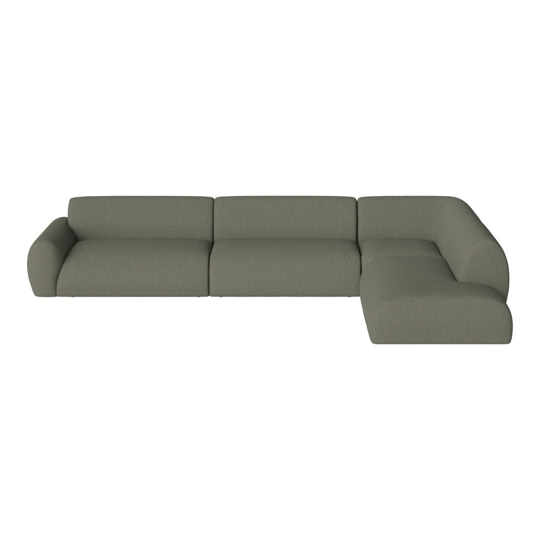 Modern L-shaped sofa in soft olive green upholstery with a sleek, minimalist design and no visible patterns.