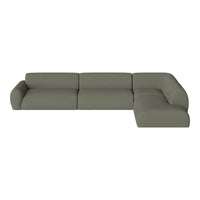 Modern L-shaped sofa in soft olive green upholstery with a sleek, minimalist design and no visible patterns.