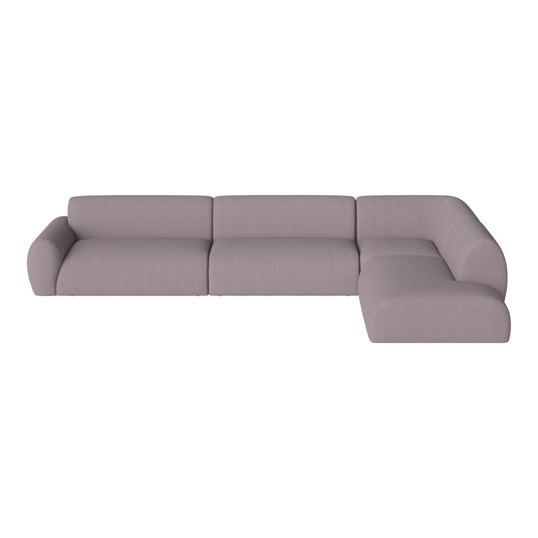 "Modern sectional sofa in soft light gray fabric with smooth, minimalist design and subtle texture patterns."