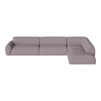 "Modern sectional sofa in soft light gray fabric with smooth, minimalist design and subtle texture patterns."