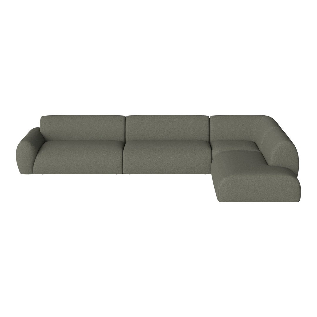 Olive green sectional sofa with a sleek, modern design and smooth fabric upholstery. Ideal for contemporary living spaces.