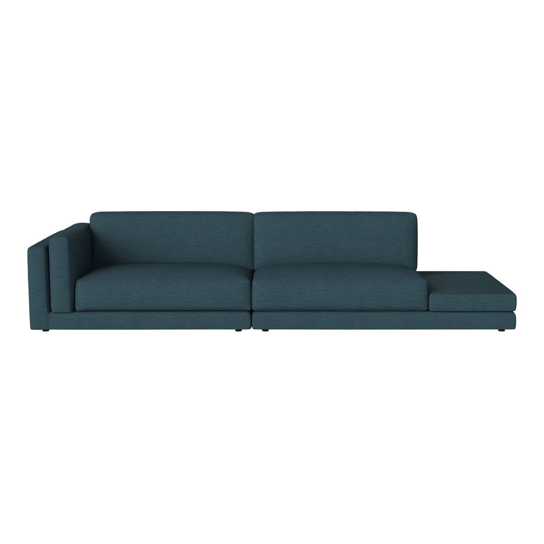 Teal fabric sectional sofa with a sleek modern design and minimal padding, ideal for contemporary living spaces.
